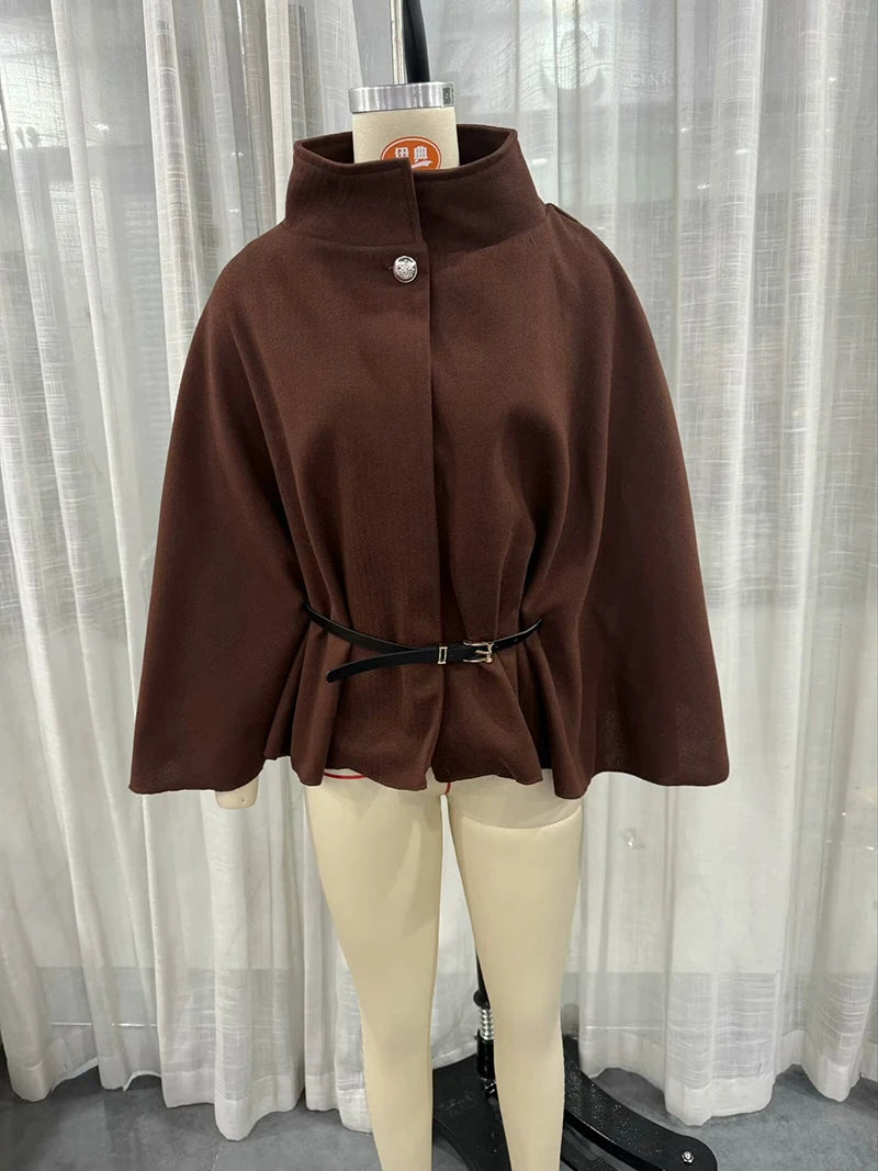 Women's Spring Fashion Cloak with Belt Simple Batwing Sleeves Adjustable Waist Strap Elegant Coat for Ladies