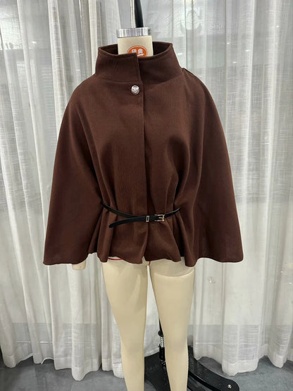 Women's Spring Fashion Cloak with Belt Simple Batwing Sleeves Adjustable Waist Strap Elegant Coat for Ladies