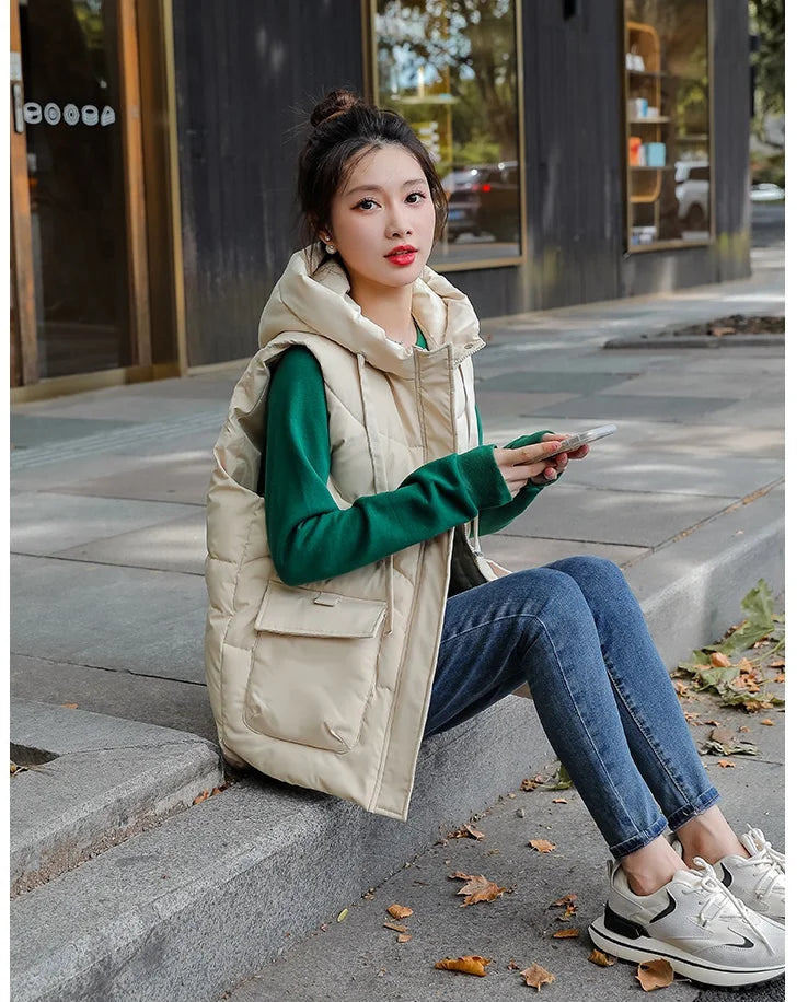 Women's Autumn Hooded Vest Coat 2025 New Short Down Cotton Padded Jacket Sleeveless Female Winter Waistcoat Warm Snow Wear Vests