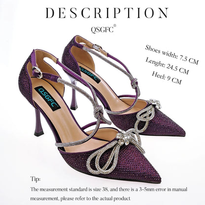 QSGFC Latest Party Women's Shoes and Bags Set Pointed Toe High Heels Full Upper Inlaid D.Purple Color Rhinestones