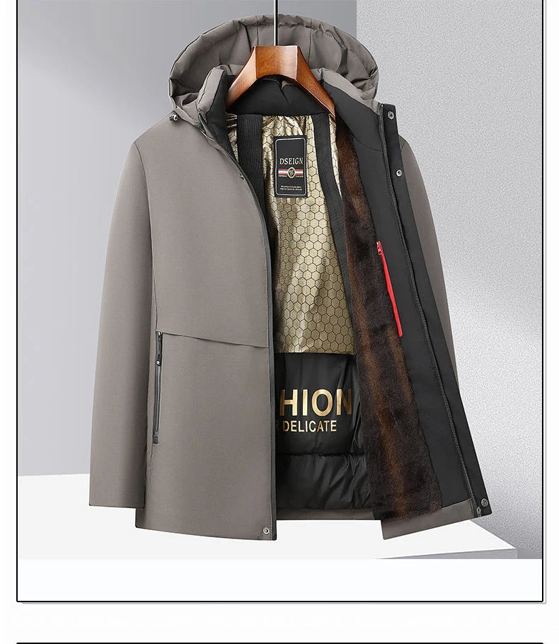 Men Winter Thick Warm Parka Coat Fleece Inside Male Solid Color Hooded Thick Jacket  Men's Middle Long Coat Size