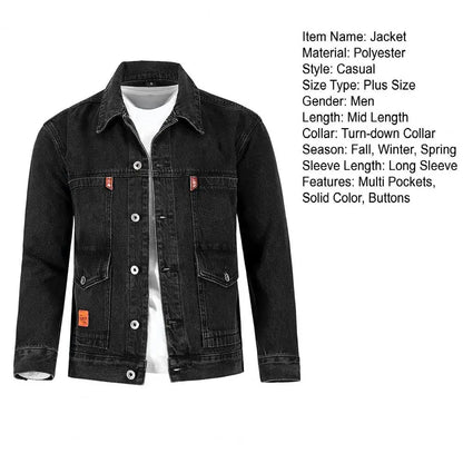 Trendy Denim Jacket Turn-down Collar Men Coat Long Sleeves Mid Length Spring Denim Coat  Thermal