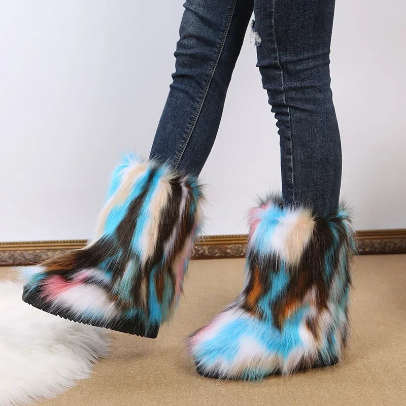 Fashionable Colored Plush Snow Boots Women Winter New Fox Long Hair Comfortable Cotton Shoes Anti Slip Wear-resistant Flat Shoes
