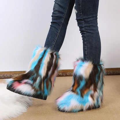 Fashionable Colored Plush Snow Boots Women Winter New Fox Long Hair Comfortable Cotton Shoes Anti Slip Wear-resistant Flat Shoes