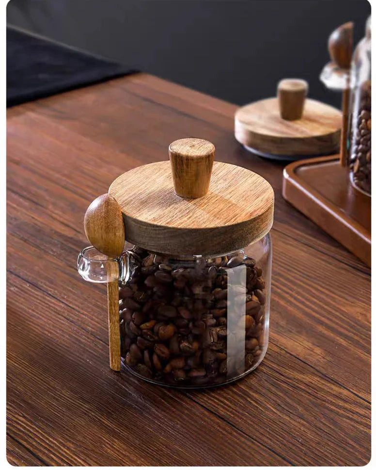 Kitchen Glass Jar Grains Coffee Beans Tealeaf Storage Containers with Wood Spoon Lid Clear Spice Jar Moisture-proof Storage Tank
