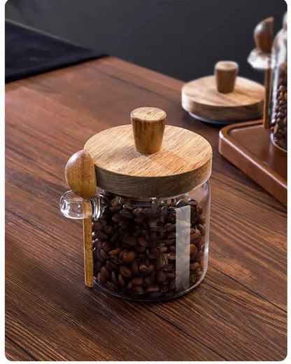 Kitchen Glass Jar Grains Coffee Beans Tealeaf Storage Containers with Wood Spoon Lid Clear Spice Jar Moisture-proof Storage Tank