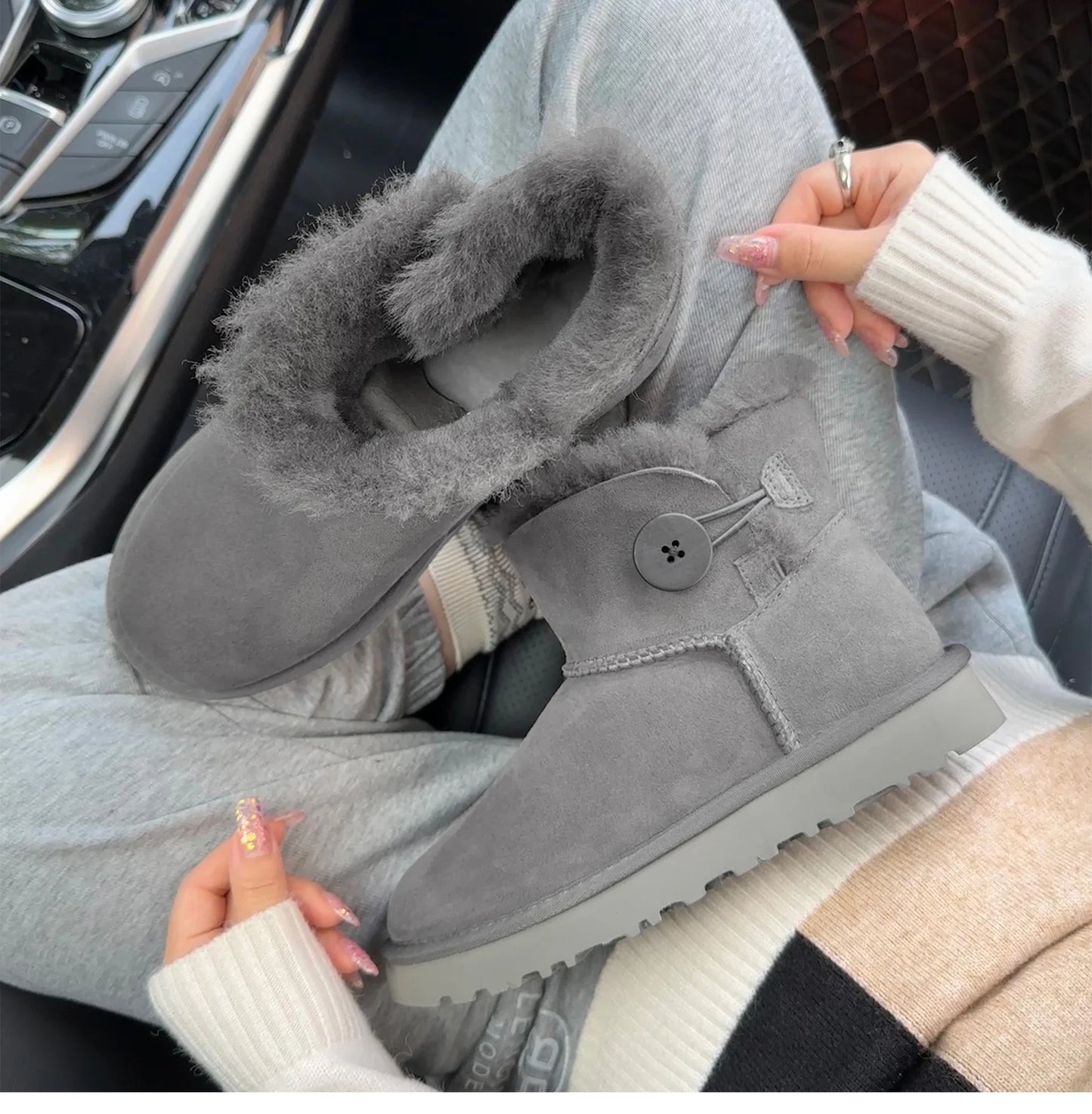 One button low cut, high-end quality 2-in-1 genuine leather, real wool, sheepskin fashionable and warm chestnut thick snow boots