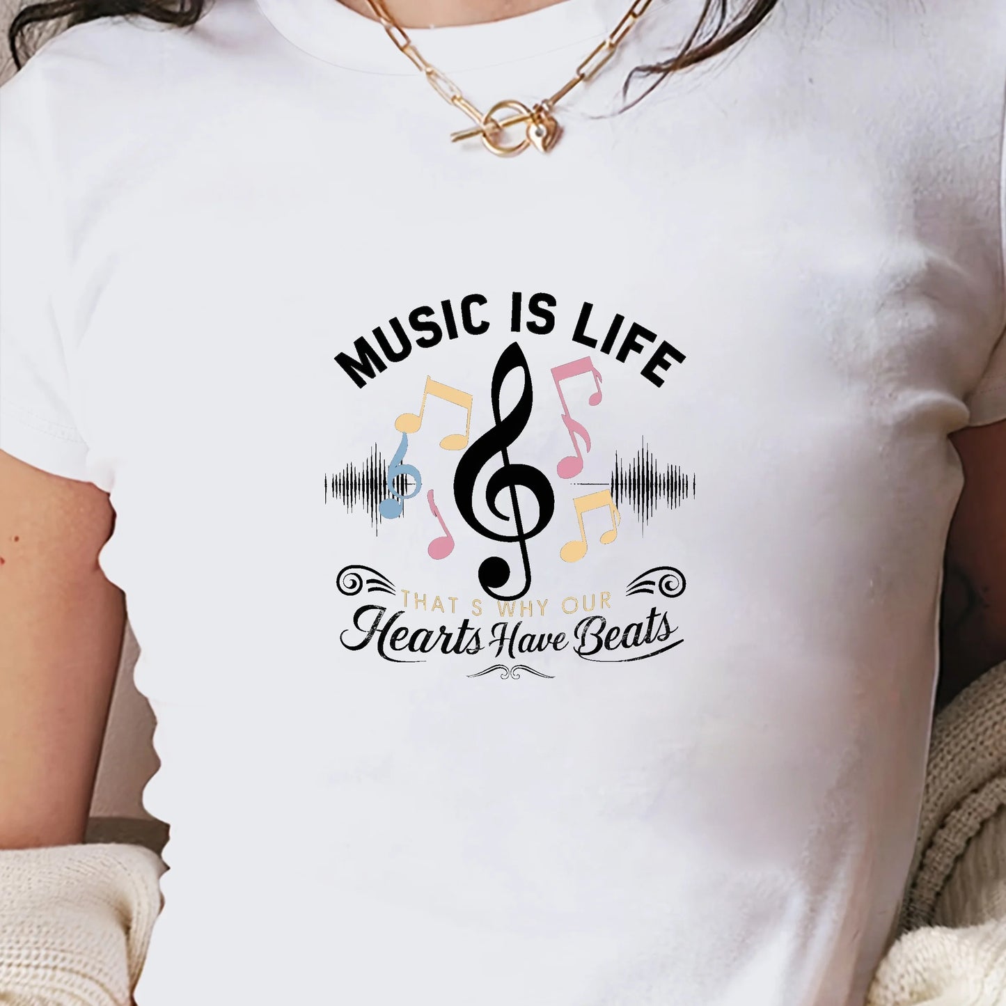 MUSIC IS LIFE Women's Fashion Short T-Shirt Slim Fit Y2K Style with Printed Pattern Knitted Fabric