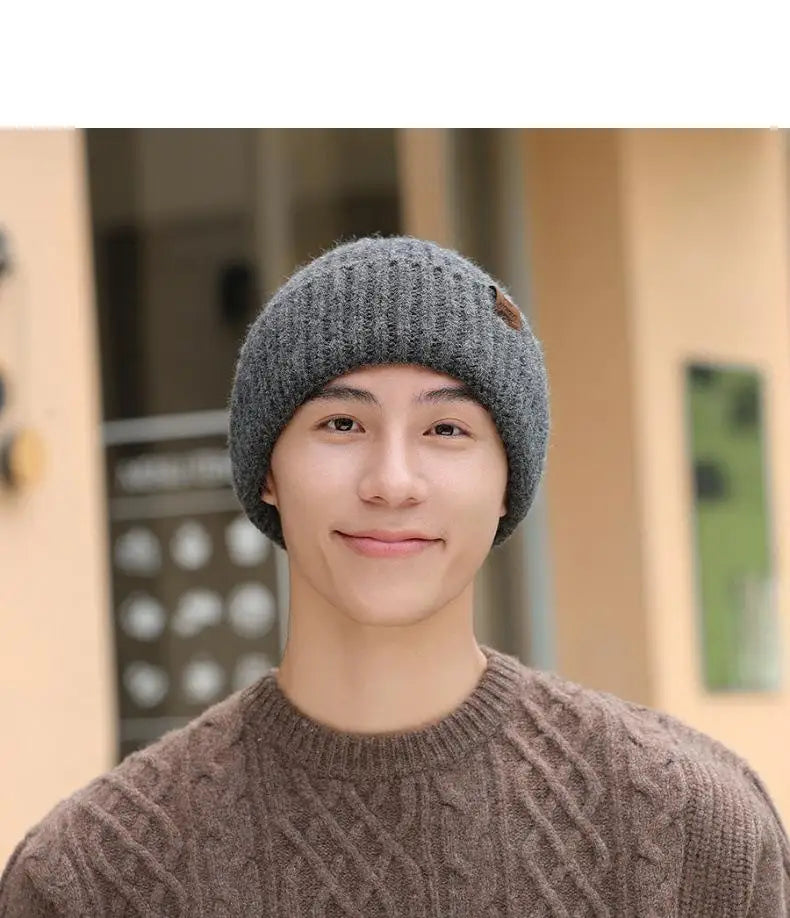 Winter Hats For Men Thickened Knitted Beanie Ear Protection Solid Color Cold Hat Keep Warm Baggy Cap Male Korean Elastic New