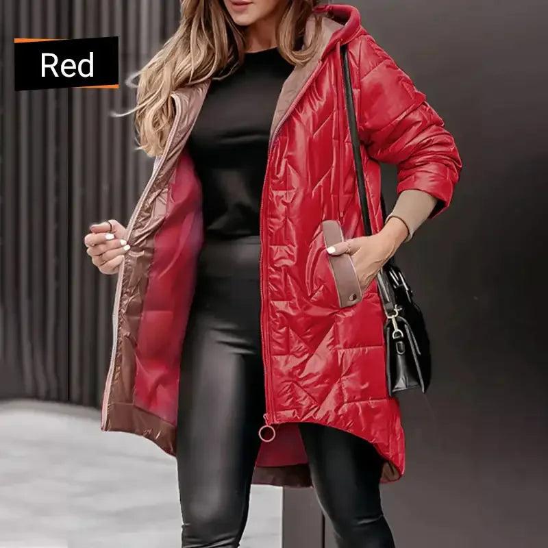 Hot Women's Warm Winter Coat Hooded Cotton Jacket Mid Long Winter Warm Coat with Pockets with High-Low Hem