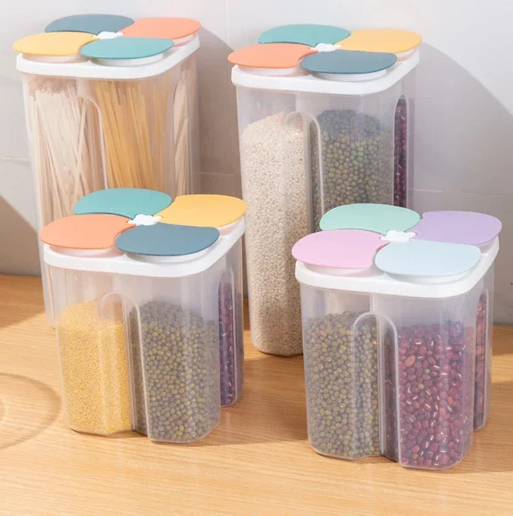 Upgrade Model Kitchen Cereals Storage Box Plastic 4 Grids Cereals Sealed Jar Food Container Moisture-proof Grain Tank