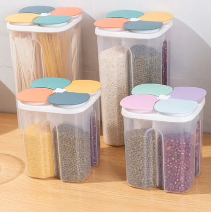 Upgrade Model Kitchen Cereals Storage Box Plastic 4 Grids Cereals Sealed Jar Food Container Moisture-proof Grain Tank
