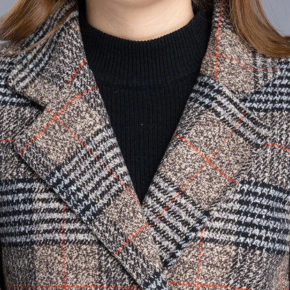 2025 Woolen Coat Women's Autumn Winter Middle-aged Plaid Woolen Blended Coat Elegant Slim Women Jacket Outerwear Overcoat Female