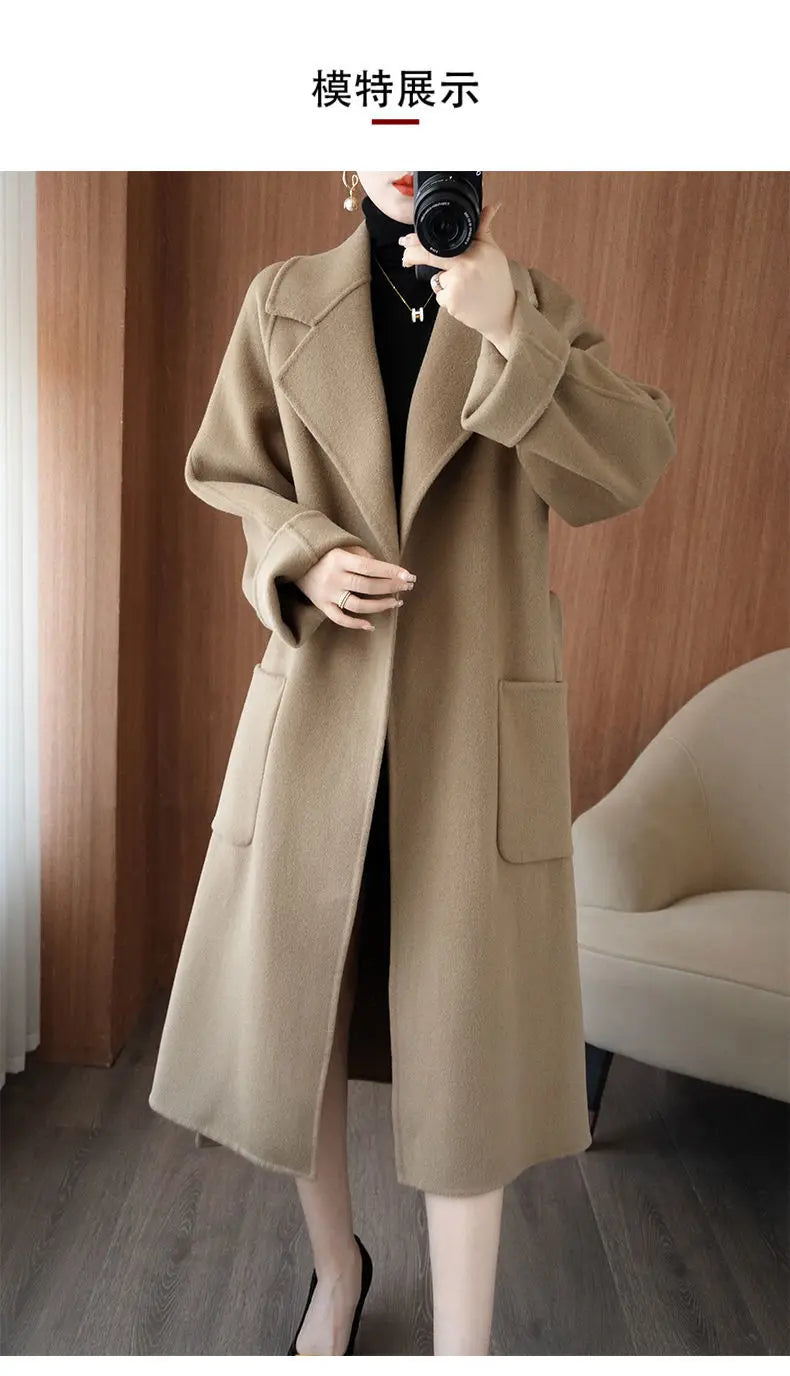 100% Wool Coat Women's Wear 2025 Autumn/Winter Fashion Temperament Double sided Cashmere Coats with Belt Elegant Long Overcoat
