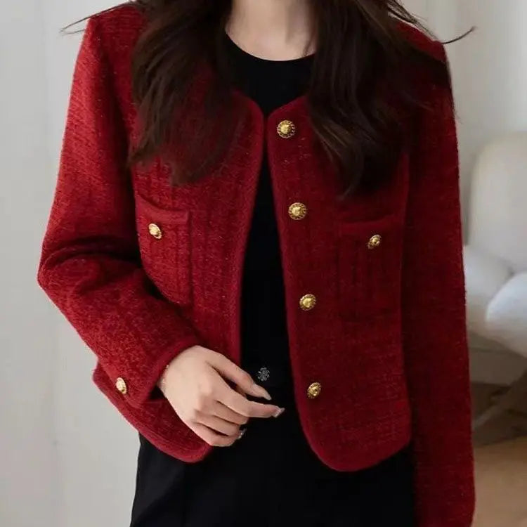2025 New Burgundy Coat for Women in Autumn and Winter French Temperament Versatile Tweed Versatile Top