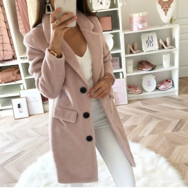 Autumn Commuter Women's Solid Color Coat Suit Collar Medium Length Fashion Double Breasted Woolen Coat Elegant Women's Coat