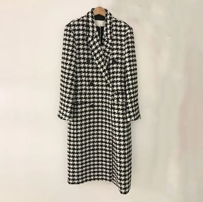 Women Autumn Winter Woolen Coat 2025 New Women Double Breasted Coat Korean Houndstooth Mid-Length Woolen Coat Lady Winter Jacket