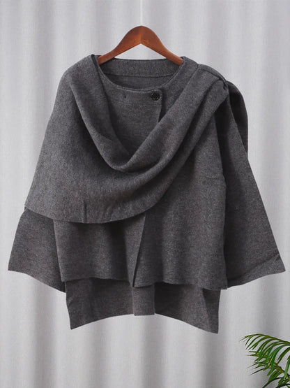 Knitted Short Coat Jacket Shawl Fashion Loose Casual Sleeved Coat Autumn Lady Cape Scarf Collar Outwear Pullover Sweater