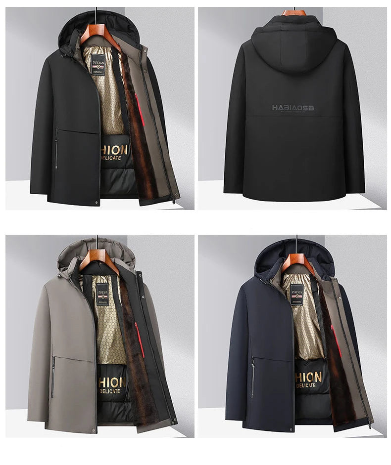 Men Winter Thick Warm Parka Coat Fleece Inside Male Solid Color Hooded Thick Jacket  Men's Middle Long Coat Size