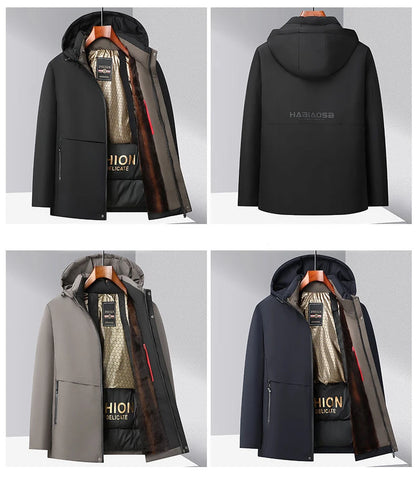 Men Winter Thick Warm Parka Coat Fleece Inside Male Solid Color Hooded Thick Jacket  Men's Middle Long Coat Size