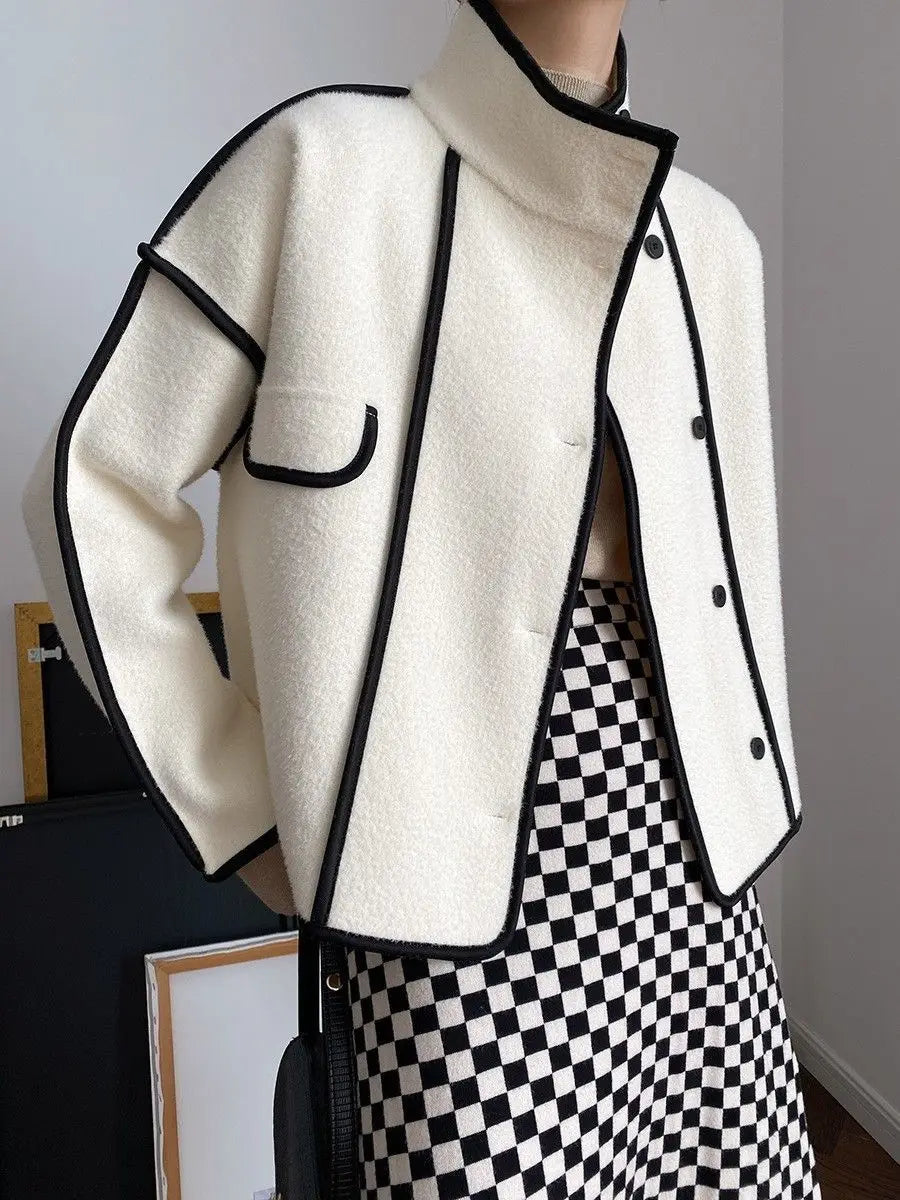 New Women's Double-Sided Woolen Coat Autumn Winter Loose Short Cardigan Outerwear Female Casual Stand-up Collar Jacket Top 3XL