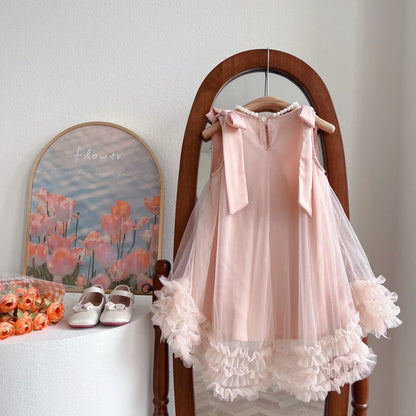 Sleeveless Loose Beach Mermaid Dress Baby Girls Cute Ruffled Pink Bow Lace Irregular Dress Graduation Ball Gown Party Dress 2025
