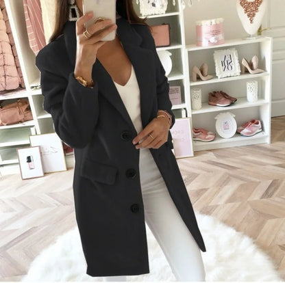 Autumn Commuter Women's Solid Color Coat Suit Collar Medium Length Fashion Double Breasted Woolen Coat Elegant Women's Coat