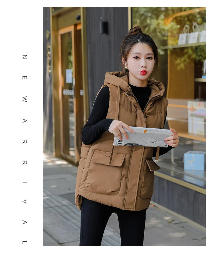 Women's Autumn Hooded Vest Coat 2025 New Short Down Cotton Padded Jacket Sleeveless Female Winter Waistcoat Warm Snow Wear Vests