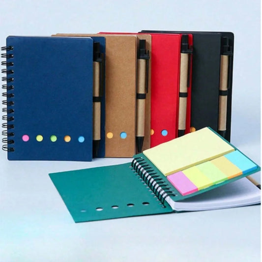 4pcs-set Spiral Notebook-Pocket Notepad with Pen Loop,Sticky Notes&Index Tabs,4.1x5.3"Brown Paper Cover,Portable Lined Journal