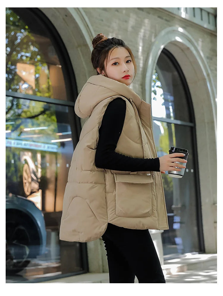 Women's Autumn Hooded Vest Coat 2025 New Short Down Cotton Padded Jacket Sleeveless Female Winter Waistcoat Warm Snow Wear Vests