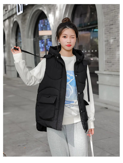 Women's Autumn Hooded Vest Coat 2025 New Short Down Cotton Padded Jacket Sleeveless Female Winter Waistcoat Warm Snow Wear Vests