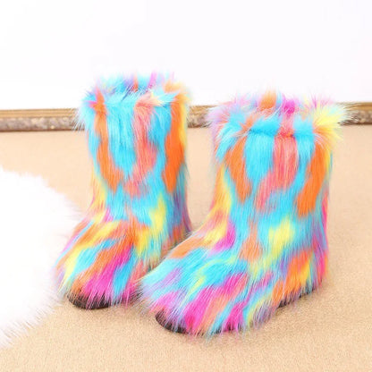 Fashionable Colored Plush Snow Boots Women Winter New Fox Long Hair Comfortable Cotton Shoes Anti Slip Wear-resistant Flat Shoes