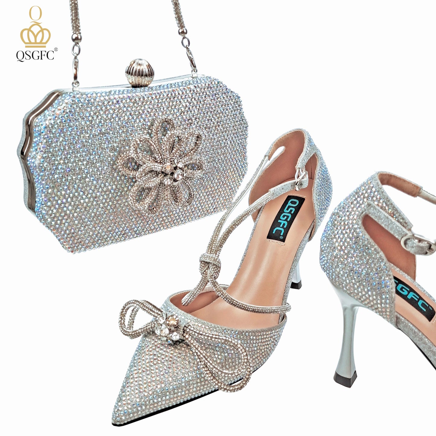 QSGFC Latest Party Women's Shoes and Bags Set Pointed Toe High Heels Full Upper Inlaid D.Purple Color Rhinestones