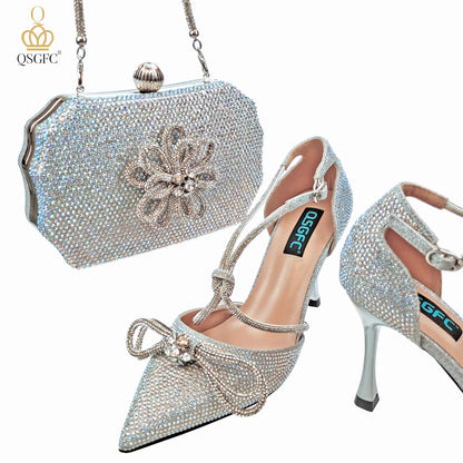 QSGFC Latest Party Women's Shoes and Bags Set Pointed Toe High Heels Full Upper Inlaid D.Purple Color Rhinestones