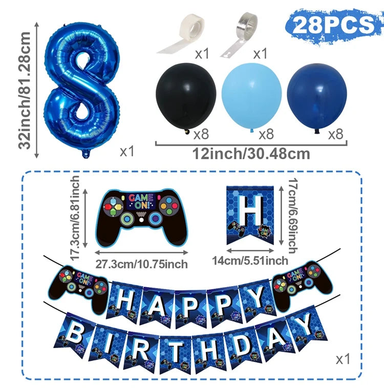 Gamepad Balloons Game On with Blue Digit Number Balloon Children's Birthday Party Decorations Game Theme Party Supplies