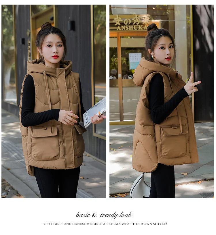 Women's Autumn Hooded Vest Coat 2025 New Short Down Cotton Padded Jacket Sleeveless Female Winter Waistcoat Warm Snow Wear Vests