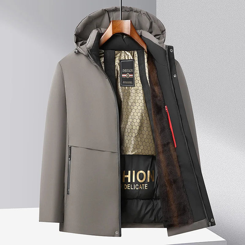 Men Winter Thick Warm Parka Coat Fleece Inside Male Solid Color Hooded Thick Jacket  Men's Middle Long Coat Size