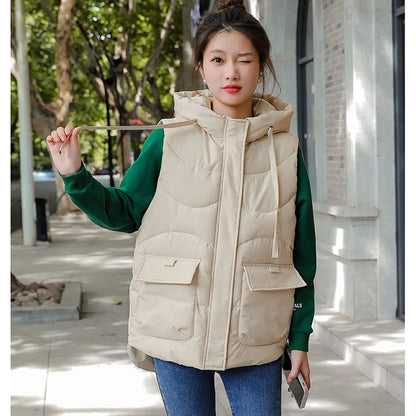 Women's Autumn Hooded Vest Coat 2025 New Short Down Cotton Padded Jacket Sleeveless Female Winter Waistcoat Warm Snow Wear Vests