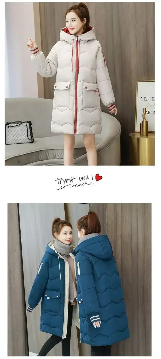 2025 Winter Women Jacket Coats Long Parkas Female Down Cotton Hooded Overcoat Thick Warm Jackets Windproof Casual Student Coat