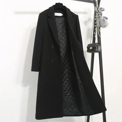 Women's Classic Black Woolen Coat Female Mid-Length Jacket New Korean Version Thicken Woolen Blend Overcoat Autumn Winter