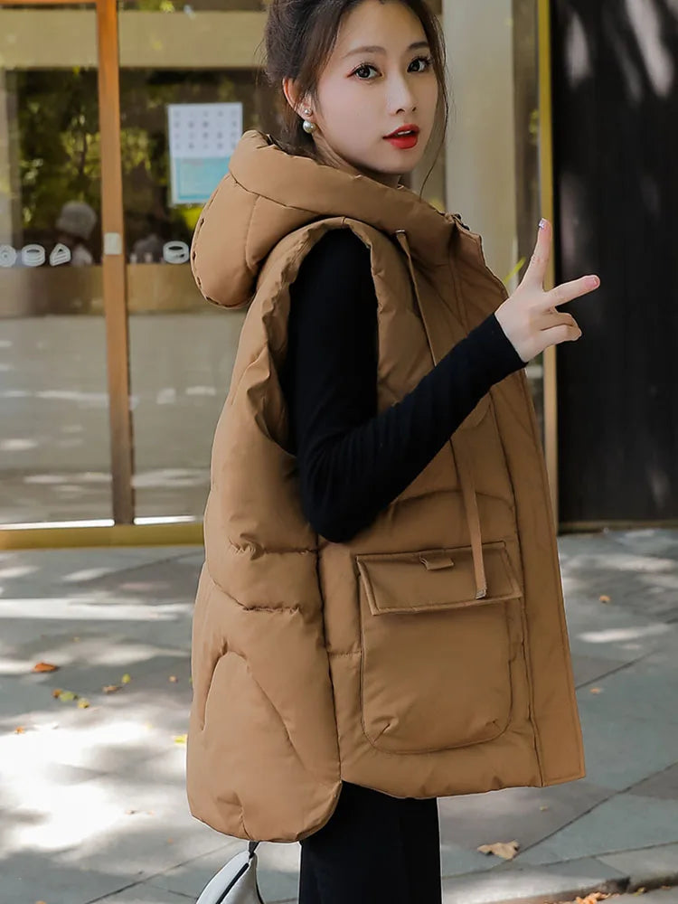 Women's Autumn Hooded Vest Coat 2025 New Short Down Cotton Padded Jacket Sleeveless Female Winter Waistcoat Warm Snow Wear Vests