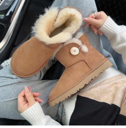 One button low cut, high-end quality 2-in-1 genuine leather, real wool, sheepskin fashionable and warm chestnut thick snow boots
