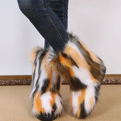 Fashionable Colored Plush Snow Boots Women Winter New Fox Long Hair Comfortable Cotton Shoes Anti Slip Wear-resistant Flat Shoes