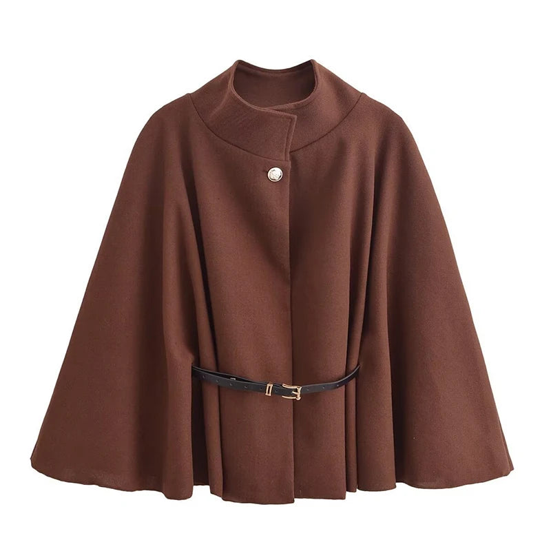 Women's Spring Fashion Cloak with Belt Simple Batwing Sleeves Adjustable Waist Strap Elegant Coat for Ladies