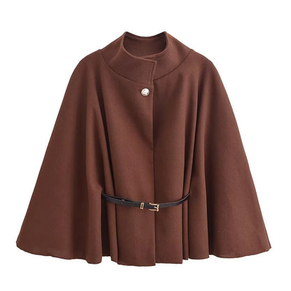 Women's Spring Fashion Cloak with Belt Simple Batwing Sleeves Adjustable Waist Strap Elegant Coat for Ladies