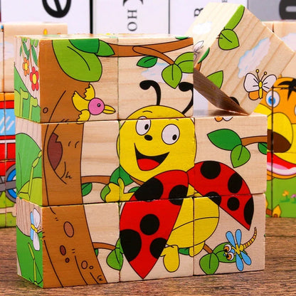 Early Learning Educational Toys Baby Wooden Blocks Toys Animal Fruit Traffic Cognize Children Six Side Cube Jigsaw Puzzles Game