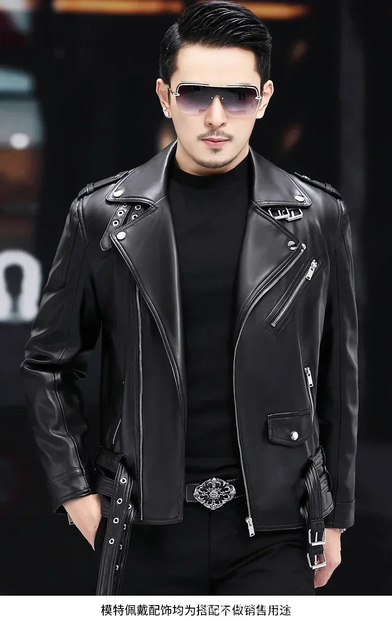 Men Outdoor Sport Leather Jacket Motorcycle Cool Coat Jacket Men Lapel Leather Jackets Mens Fashion Clothing Real Leather Coat