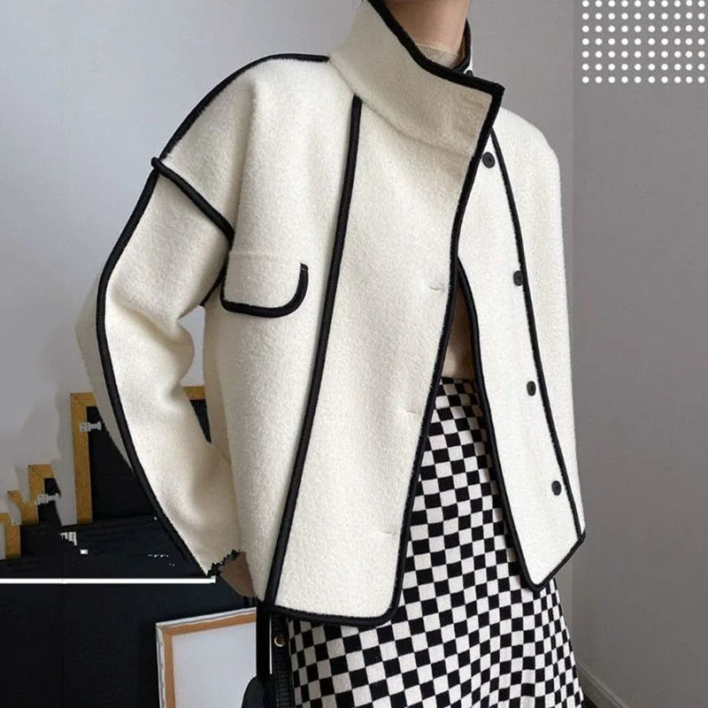 New Women's Double-Sided Woolen Coat Autumn Winter Loose Short Cardigan Outerwear Female Casual Stand-up Collar Jacket Top 3XL