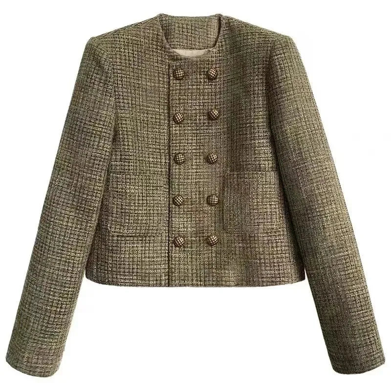 Vintage French Style Cropped Coat Women Korean Fashion Double-Breasted Tweed Jackets Ladies Streetwear Y2K Round Collar Outwear