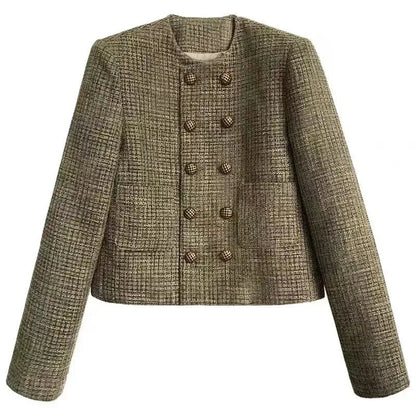 Vintage French Style Cropped Coat Women Korean Fashion Double-Breasted Tweed Jackets Ladies Streetwear Y2K Round Collar Outwear